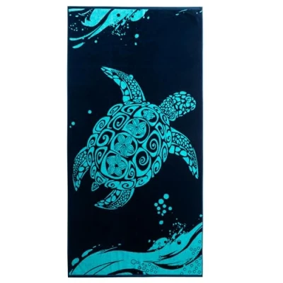 Bild av DecoKing strandhandduk stor 90 x 180 cm bomull frotté velour badhandduk blå mörkblå marinblå vit sköldpadda