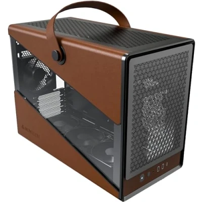 Bild av MONTECH Heritage mATX, mikroformfaktor kompakt läderspelchassi med signatur handtagsdesign, stöder senaste GPU:er, ATX PSU, 360 mm AIO, 4 fläktar, hörlurshängare svart