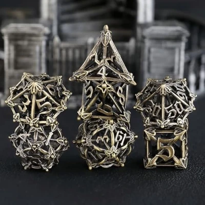 Bild av Metall DND kub set 7 blommor ihålig polyester brons D20 D12 D10 D% D8 D6 D4 för dungeons &amp; dragons RPG brädspel bordsspel MTG spel