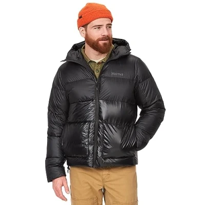 Bild av Marmot Män Guides Down Hoody, Lätt dunjacka, varm vinterjacka, vattenavvisande quiltad jacka, vindtät funktionsjacka, liten packbar friluftsjacka med huva, Black, XL