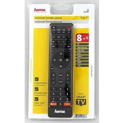 Bild av Hama Universal fjärrkontroll 8 i 1 Smart TV (upp till enheter, alla större märken, mottagare, uppsättning toppbox, DVD, förstärkare, ersättningsfjärrkontroll, snabbt programmerbar) svart