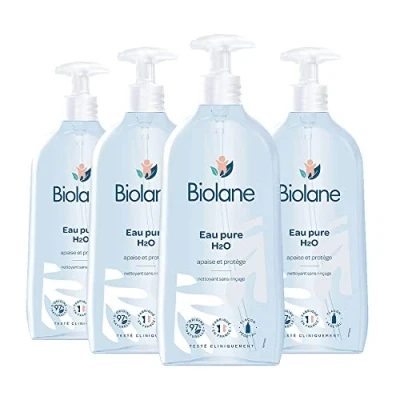 Bild av BIOLANE Set med 4 rena H2O vattenflaskor rengöring för ansikte, kropp och säte ingen sköljning pumpflaskor på 750 ml tillverkad i Frankrike
