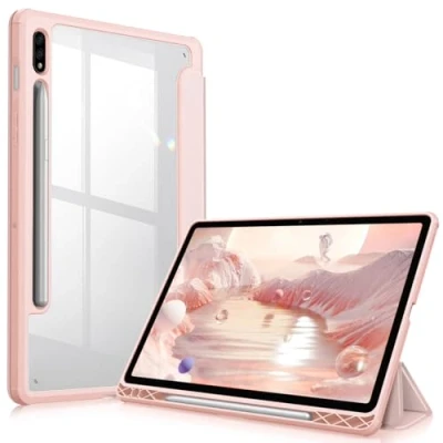 Bild av FINTIE fodral för Samsung Galaxy Tab S8 11&quot; 2022/Galaxy S7 11 2020 [pennförvaring] genomskinligt bakre sömn/bilväckarklocka, roséguld