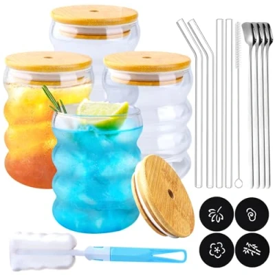 Bild av KIMIGO Ribbade dricksglas med glassugrör, set om 4 (350 ml), iced kaffeglas, cocktailglasset, bubbeltekoppar, vattenglas, långdrinkglas för bubbelte, whisky, cocktail, ölglas