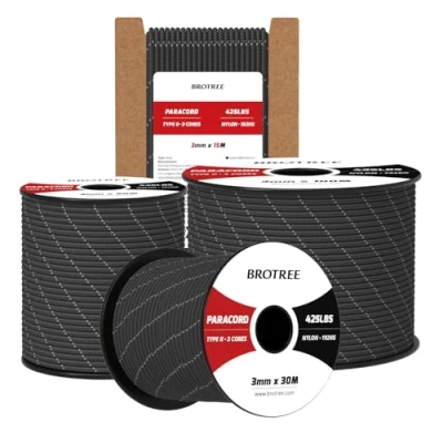 Bild av Brotree 3mm Paracord 425 50M 100% Nylonrep 3 Trådar Sladd Typ II för Utomhus, Hundkoppel, DIY, Hantverk 192kg Brottlast (Reflekterande Svart)
