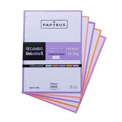 Bild av UNIPAPEL 53392398 påfyllning, 100 A4 ark, 5 pastellfärgade band, x 5, 90 g, Papyrus, Unicolor