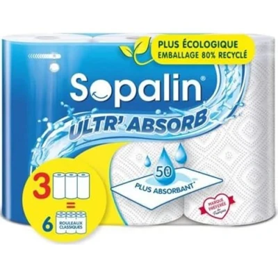 Bild av Sopalin Ultr&#039;Absorb 3 maxirullar 2 gånger längre = 6 klassiska rullar 50% mer absorberande halvark FSC certifierat blandat papper (C017535)