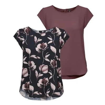 Bild av ONLY Onlvic S/S Solid AOP Top Ptm T shirt, bluströja, kortärmad, 2 pack (pack A: Rosenbrun/natt himmel blomma tryck), 42