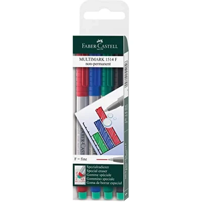 Bild av Faber Castell 151404 Märkpenna Multimark, icke permanent, styrka F, 4 stycken i fodral, 1 x röd, blå, grön, svart