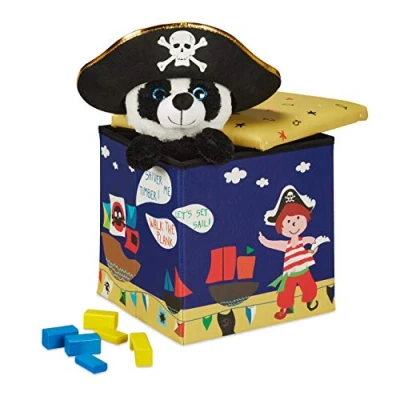 Bild av Relaxdays Sittpall barn, piratdesign, hopfällbar sittlåda, med förvaringsutrymme, sittkuber, H x B D 31 cm, blå gul, 1 st