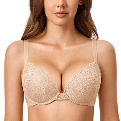 Bild av DOBREVA Push up bh med spets för kvinnor Sexy Plunge Vadderad bygelhållare Stödbehå Lift Beige 70C