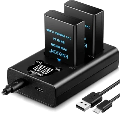 Bild av ENEGON EN EL14/EL14a ersättningsbatteri (2 stycken) och smart LED dubbel USB laddare för Nikon Coolpix P7000, P7100, P7700, P7800, P8000 DSLR D3100, D3200, D3300, D3400, D5100, D5200, D5300, D5500,