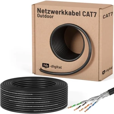 Bild av hb digital 50m CAT 7 installationskabel 1 000 MHz 10 Gbit Ethernet utomhus svart AWG23/1 PE S/FTP dubbelskärmad PIMF ren koppar rå/underjordisk data för utomhusbruk
