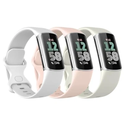 Bild av Astorgos 3 Pack Straps Compatible with Fitbit Charge 6/Fitbit 5 for Women Men, Soft TPE Watch Strap Replacement Band, Sand Pink/Moon Whtte/White