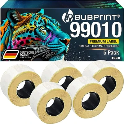 Bild av Bubprint 5 etiketter kompatibla som ersättning för Dymo 99010 S0722370 etikettskrivare 310 320 330 Turbo 400 Twin Duo 450 SE450 28 mm X 89 vit