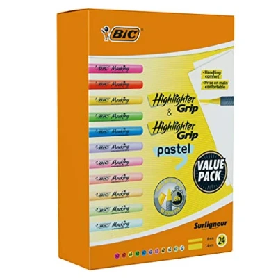 Bild av BIC överstrykningspennor grepp och överstrykningspastel, perfekt för klassrummet, kontoret eller jul, blandade färger, paket med 24 [Amazon exklusiv]