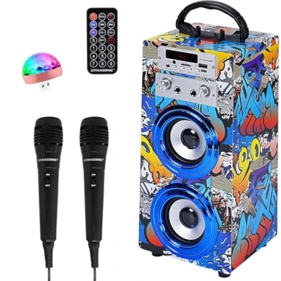 Bild av DYNASONIC Karaoke med 2 mikrofoner, bärbar karaokemaskin. Bluetooth högtalare och lampor USB SD läsare present till pojkar flickor i åldrarna 5 13 år (modell 16)