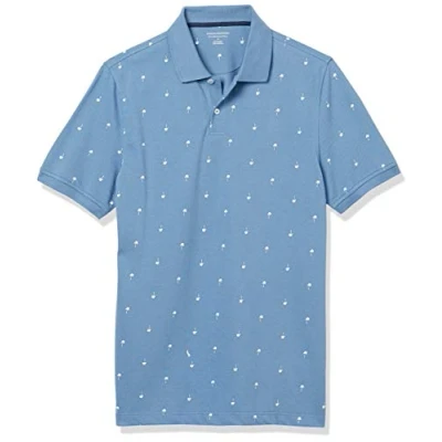 Bild av Amazon Essentials Men&#039;s Pikétröja i smal passform bomull, Blå Palmträdstryck, XS