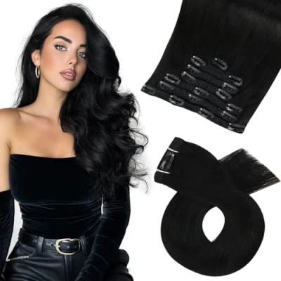 Bild av Moresoo hårförlängningar med äkta hår svart Remy clip Extensions dubbel hårförlängning in 40 cm #1 fullt huvud 7 hårslingor 120 g