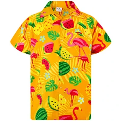 Bild av King Kameha Funky Hawaii skjorta män kortärmad framficka snygg flamingos frukt fest unisex, Flamingo melon design gul, XXL