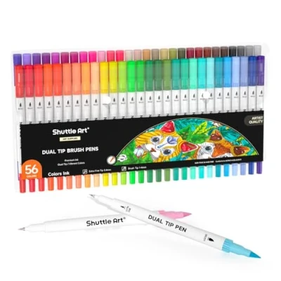Bild av Shuttle Art Penselpennor med dubbla spetsar, 56 färger, penslar, spetspennor, 0,4 mm fineliner, markörpennor, set för vuxna, målarböcker, konsttillbehör
