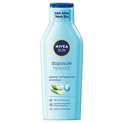 Bild av NIVEA SUN Mjölk efter solbad, fuktgivande, i maxi flaskformat på 400 ml, kroppsmjölk med ekologisk aloe vera och hyaluronsyra, kräm solbad en uppfriskande lugnande effekt
