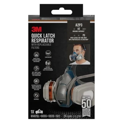 Bild av 3M andningsskyddsmask 6502 QLPRO halvmask med växelfilter mot organiska gaser, ångor och partiklar lackeringsmask skyddsnivå A2P3 för färgsprut maskinsliparbeten, 1 styck (1 pack)