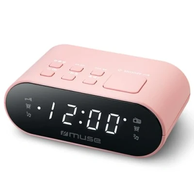 Bild av MUSE DUAL väckarklockradio PLL i rosa, praktisk FM radio med dubbelt larm, LED skärm, 24 timmars dimmer och batteribackup