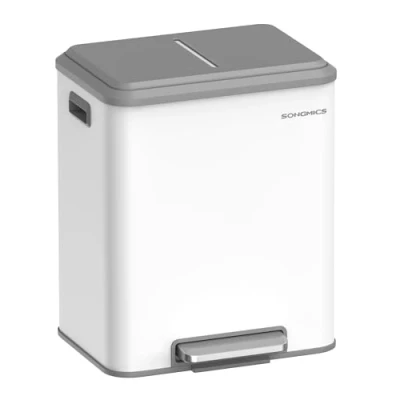 Bild av Songmics Papperskorg kök, avfallssepareringssystem 2 x 15 L, fack för återvinning och restskräp, papperskorg, innerhink, stål, mjukt stängningslock, bred robust pedal, molnvit LTB544W02