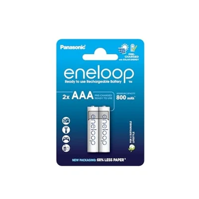 Bild av Panasonic eneloop Ready to Use Ni MH batterier, AAA/Micro, 2 pack, förbättrad kapacitet på min. 800 mAh, 100 laddningscykler, uppladdningsbara batterier i plastfri förpackning