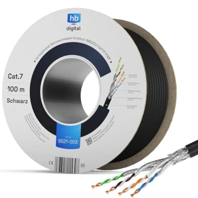Bild av hb digital 100m CAT 7 1000 MHz 10 Gbit Ethernet installationskabel utomhus svart AWG23/1 PE S/FTP dubbelskärmad PIMF ren koppar rå/jordad data för utomhusbruk