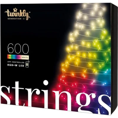 Bild av Twinkly Strings LED Ljusslinga med 600 RGB lampor + rena varmvita lysdioder inomhus och utomhusbelysning App styrd, svart tråd, 48m