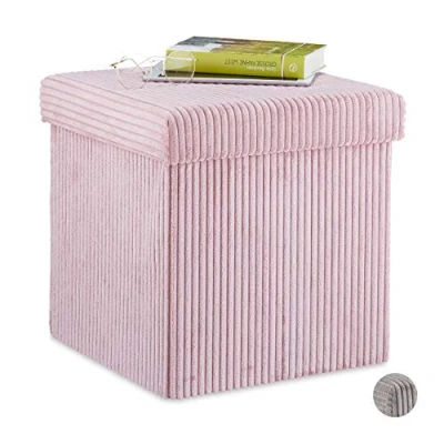 Bild av Relaxdays Sittkuber, vikbar, sittpall med förvaringsutrymme, manchester, kvadratisk, lock, sammetspall 38 x cm, rosa