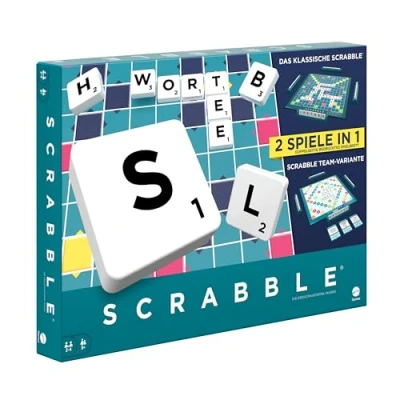 Bild av MATTEL GAMES Scrabble Två i ett dubbelsidigt brädspel för snabb, informell och samarbetsspel, inklusive 50 målkort Together, enkel poängtillgång, HWD45