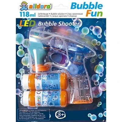 Bild av alldoro 60625 LED bubbelpistol, Bubble Shooter tvålbubbelmaskin med 2 x 59 ml såpbubbelvätska, elektriska såpbubblor pistol lysdioder ca 17 15 6 cm, för barn från 3 år