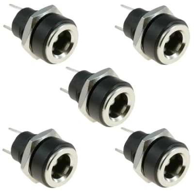 Bild av DC 5,5 mm x 2,1 eluttag 2 terminal typ hona panelmontering kontakt svart 5 st 3 A uttag laddning strömförsörjning kontaktadapter gängad mutter