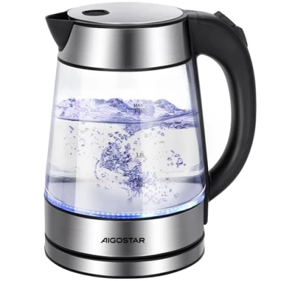 Bild av Aigostar Chubby rostfritt stål glasvattenkokare med LED belysning, glas vattenkokare tjockt borosilikatglas 1,7 liter, 2 200 watt, kalkfilter, auto off torrkörskydd, BPA fritt, silver