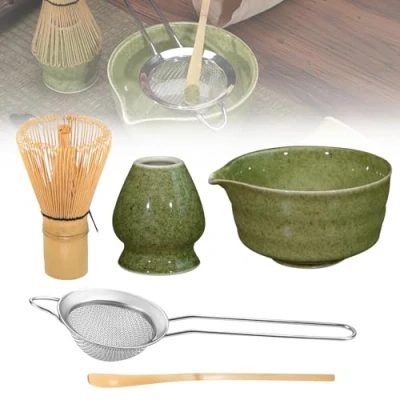 Bild av BORDEAG Japansk matcha teset, 5 stycken set, visp kvast komplett set med skål, tepulvervisp, sked, kvasthållare (grön