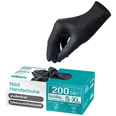 Bild av ACE Guard Kemiska handskar Engångshandskar utan latex EN 374 1 svart 08/M (200 förpackningar)