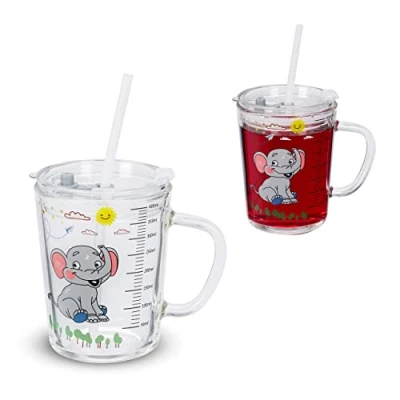 Bild av Relaxdays Barnglas set om 2, elefantmotiv, dricksglas för barn, med handtag, lock och sugrör, 400 ml, transparent