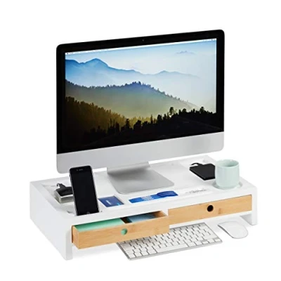 Bild av Relaxdays monitorstativ, XL skärmhöjd av bambu och MDF, 2 lådor, arrangör, HBT 11 x 58,5 32,5 cm, vit