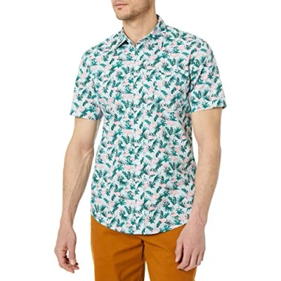 Bild av Amazon Essentials Men&#039;s Kortärmad tryckt skjorta smal passform, Blå Flamingo, XL