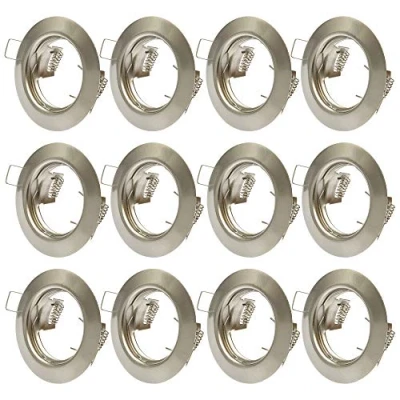Bild av 12 infällda spotlights GU10 set stycken installationsramar i borstat rostfritt stål utseende inkl. sockel för LED eller halogenlampor, rund