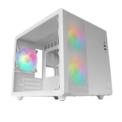 Bild av Mars Gaming MC 400 vit, kompakt Micro ATX spelhölje, helt sidofönster, härdat glas, 3 x 120 mm FRGB fläkt, hel sidopanel i mesh