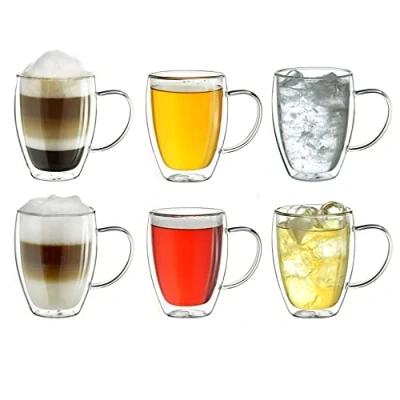 Bild av Creano Dubbelväggigt termoglas med handtag på 250 ml, stort dubbelväggsglas av borosilikatglas, kaffeglas, teglas, set om 6