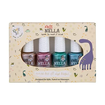 Bild av Miss Nella dinosaurie krom nagellack set om 4, rosa, grå, brons och blå, avtagbart speciellt för barn, Peel Off Formula, giftfri, vattenbaserad luktfri