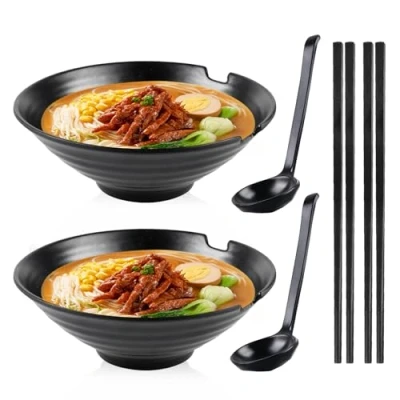 Bild av Ramen skålset, 2 stycken ramenskål med sked och ätpinnar, premium halkfria soppskålar, ramskålar 1 000 ml, stor soppskål, japansk servis set för ramar, nudlar, sallad