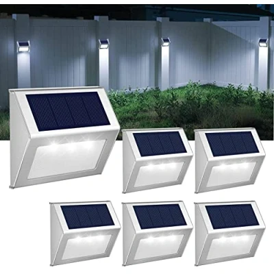 Bild av GVOREE Cool vit Solstaketlampor, dekorativa lampor i rostfritt stål LED trädgårdslampor, vattentäta steglampor trådlösa utomhuslampor för trappor, vägg, uteplats, gård, stig, staket, 6 pack