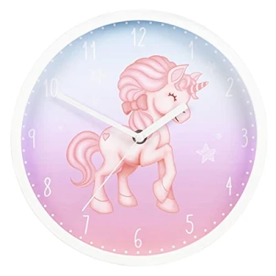 Bild av Hama Barnväggklocka &quot;Magical Unicorn&quot; utan tickande (rund barnklocka med enhörningmotiv, batteridriven kvarts väggklocka sekundvisare, barnrum, perfekt som lärklocka, diameter 25 cm) rosa