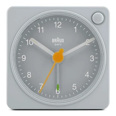 Bild av Braun Classic travel Analogue Alarm Clock with Snooze and Light, Compact Size, Quiet Quartz Movement, Crescendo Beep in grey, model BC02XG